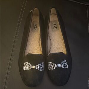 UGG Women's Black Suede Slippers with Rhinestone Bow